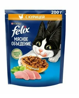 Сухой корм Felix Мясное объедение для взрослых кошек с курицей, 200 г