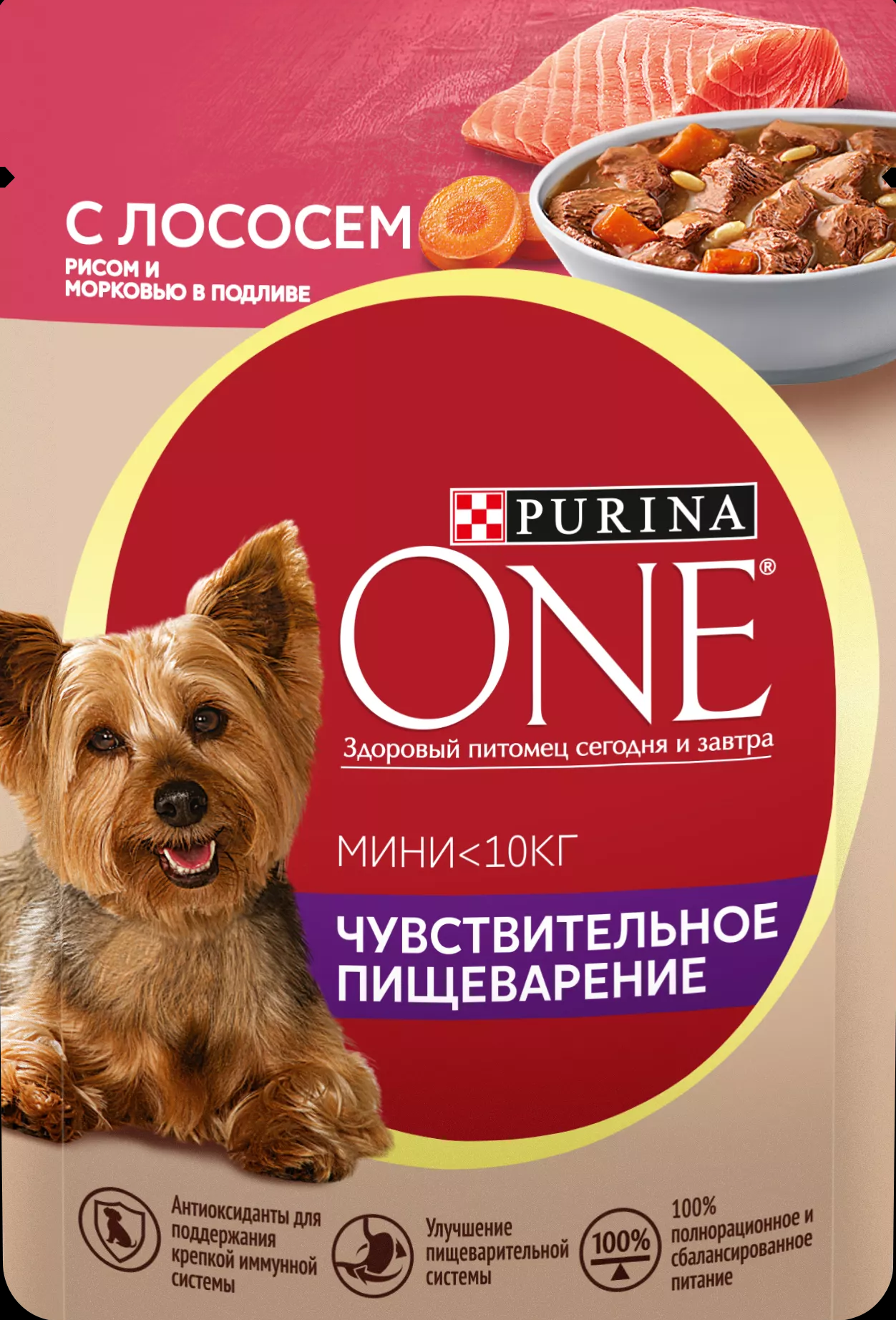 Влажный корм Purina ONE МИНИ для собак мелких пород с чувствительным пищеварением с лососем, рисом и морковью в подливе, 85 г
