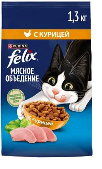 Сухой корм Felix Мясное объедение для взрослых кошек с курицей, 1,3 кг