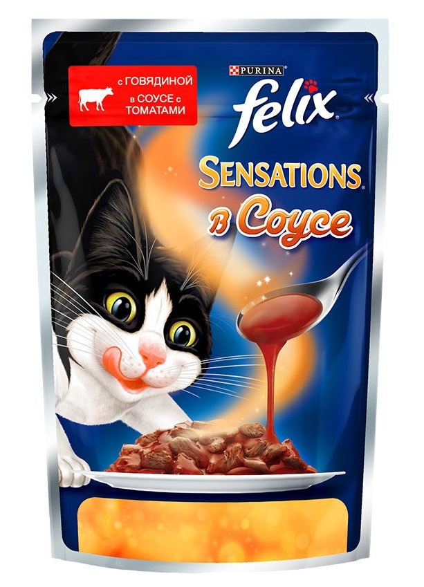 Влажный корм Felix Sensations в Соусе для кошек с говядиной и томатами, 85 г