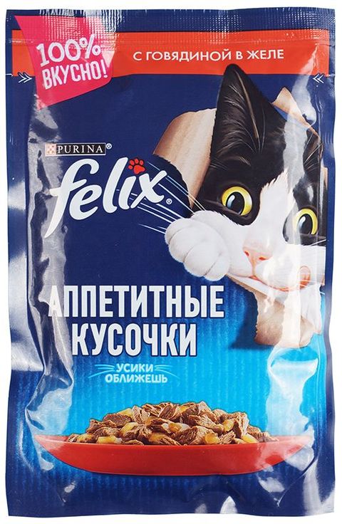 Влажный корм FELIX АППЕТИТНЫЕ КУСОЧКИ для взрослых кошек с говядиной в желе, 75 г
