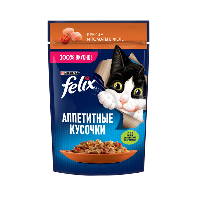 Влажный корм  FELIX АППЕТИТНЫЕ КУСОЧКИ для взрослых кошек с курицей и томатами в желе 75 г