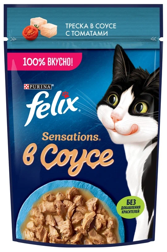 Влажный корм для кошек Felix Sensations в Удивительном соусе Треска с томатами 75 г