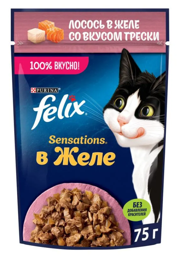 Влажный корм Felix Sensations для взрослых кошек с лососем и треской, 75 г