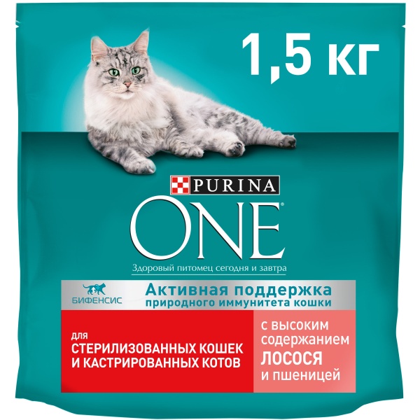 Сухой корм Purina One для стерилизованных кошек с лососем и пшеницей, 1,5 кг